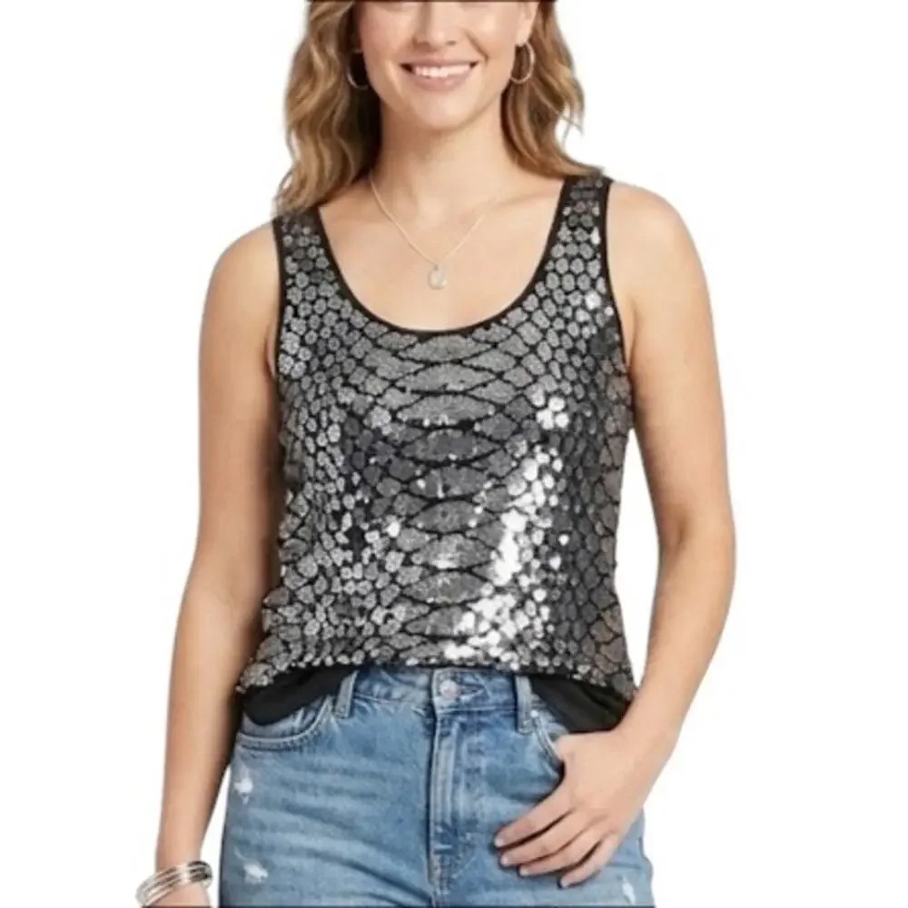 Michael Kors Black and Silver Sequin Tank Top Size Small